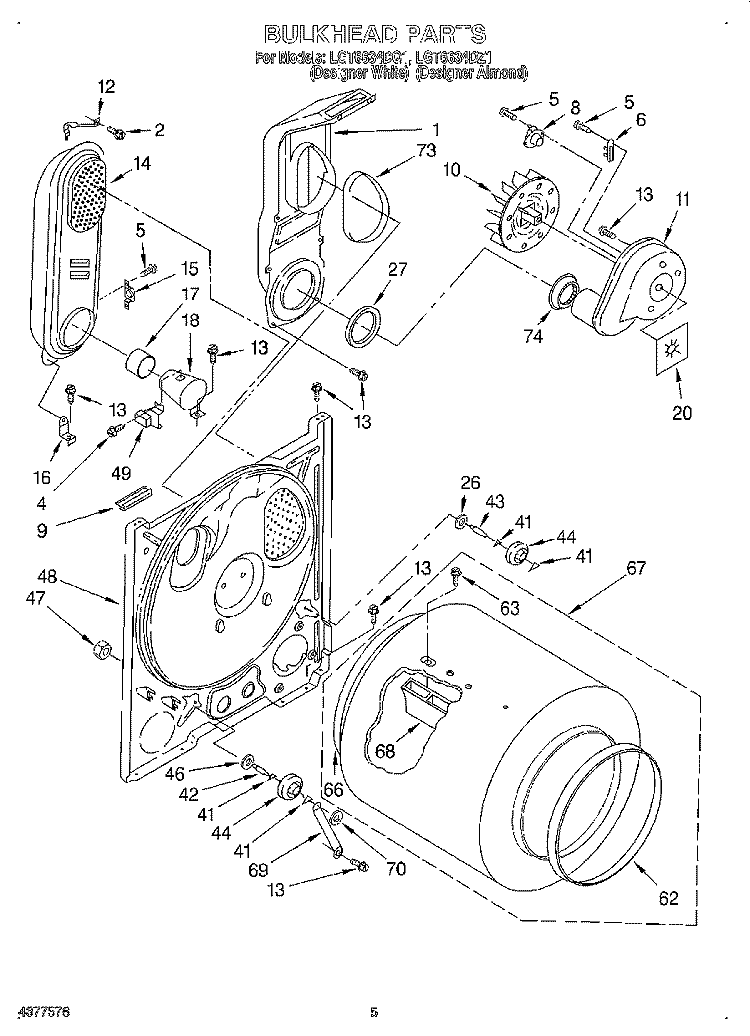 BULKHEAD Diagram and Parts List for LGT6634DZ1  Whirlpool Dryer