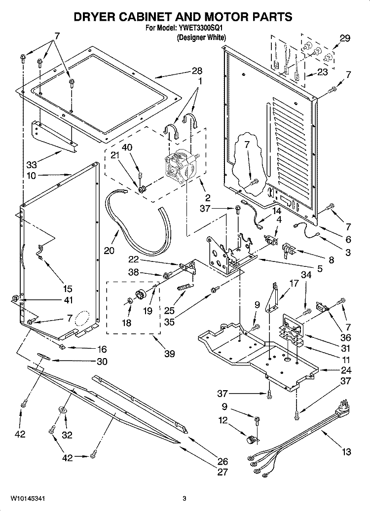 DRYER CABINET AND MOTOR PARTS Diagram and Parts List for YWET3300SQ1  Whirlpool Washer Dryer Combo