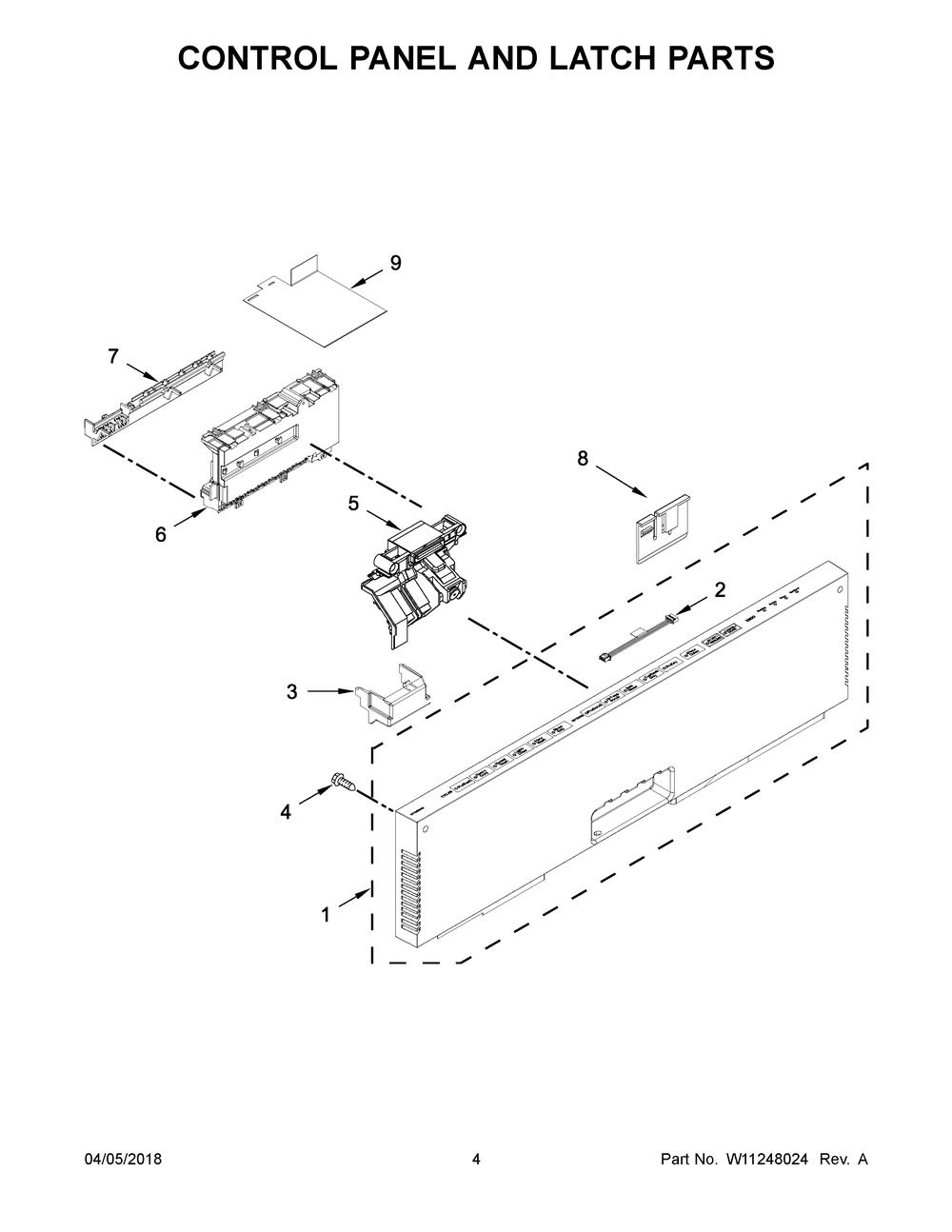Control Panel And Latch Parts Diagram and Parts List for IDT870SAGX0  Whirlpool Dishwasher