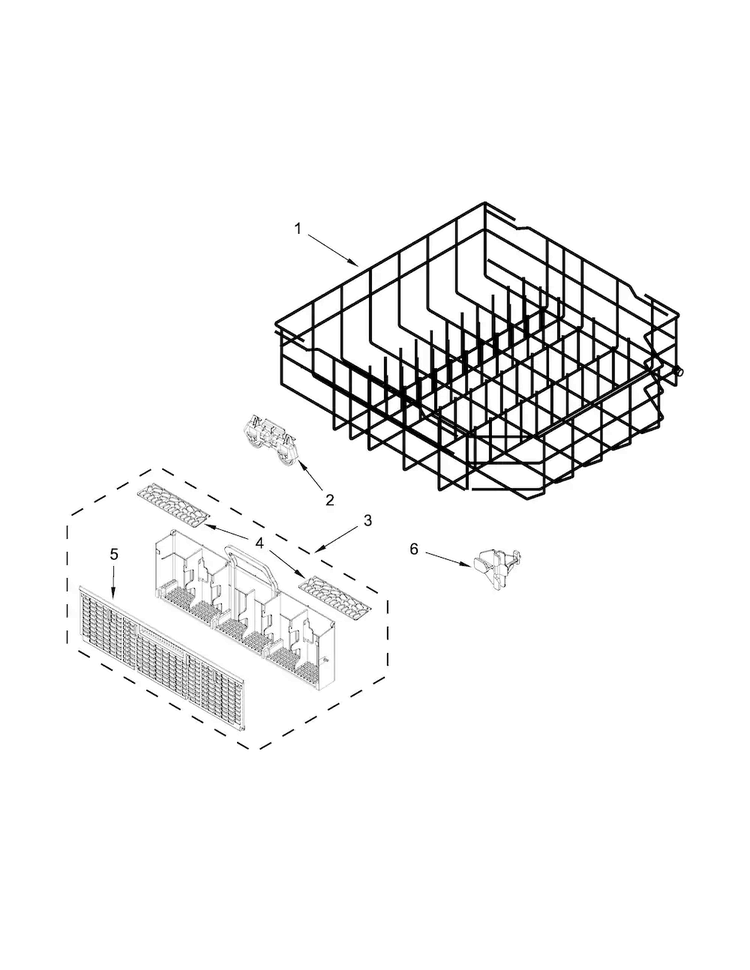 Lower Rack Parts Diagram and Parts List for WDT790SAYW3  Whirlpool Dishwasher