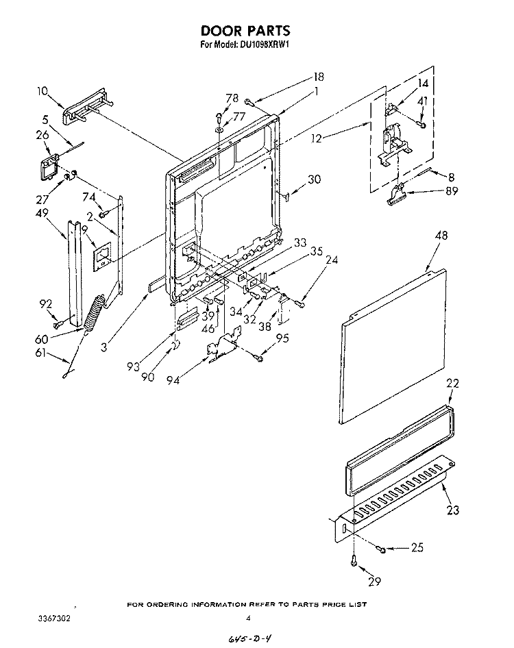 DOOR Diagram and Parts List for DU1098XRW1  Whirlpool Dishwasher