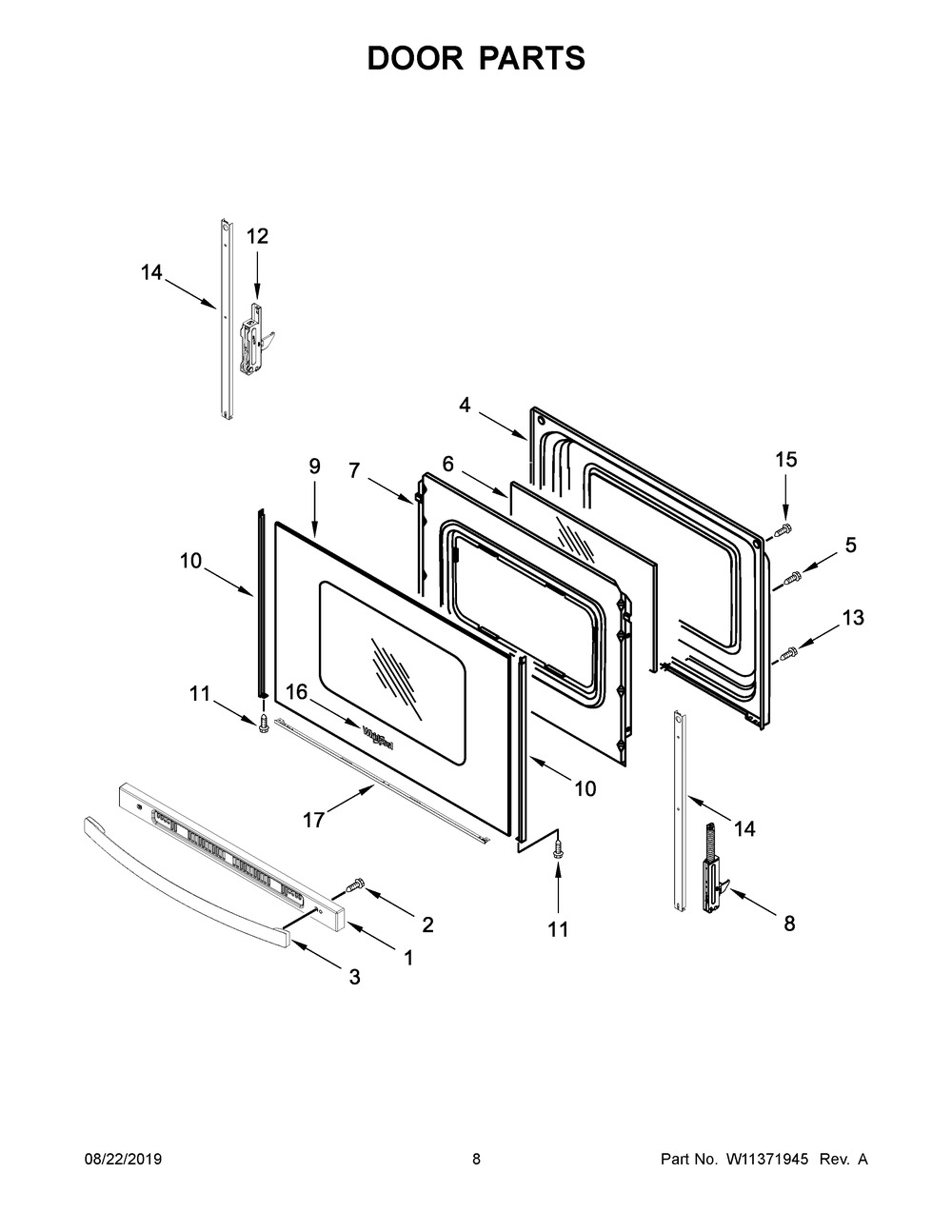 Door Parts Diagram and Parts List for WFE505W0JV0  Whirlpool Range