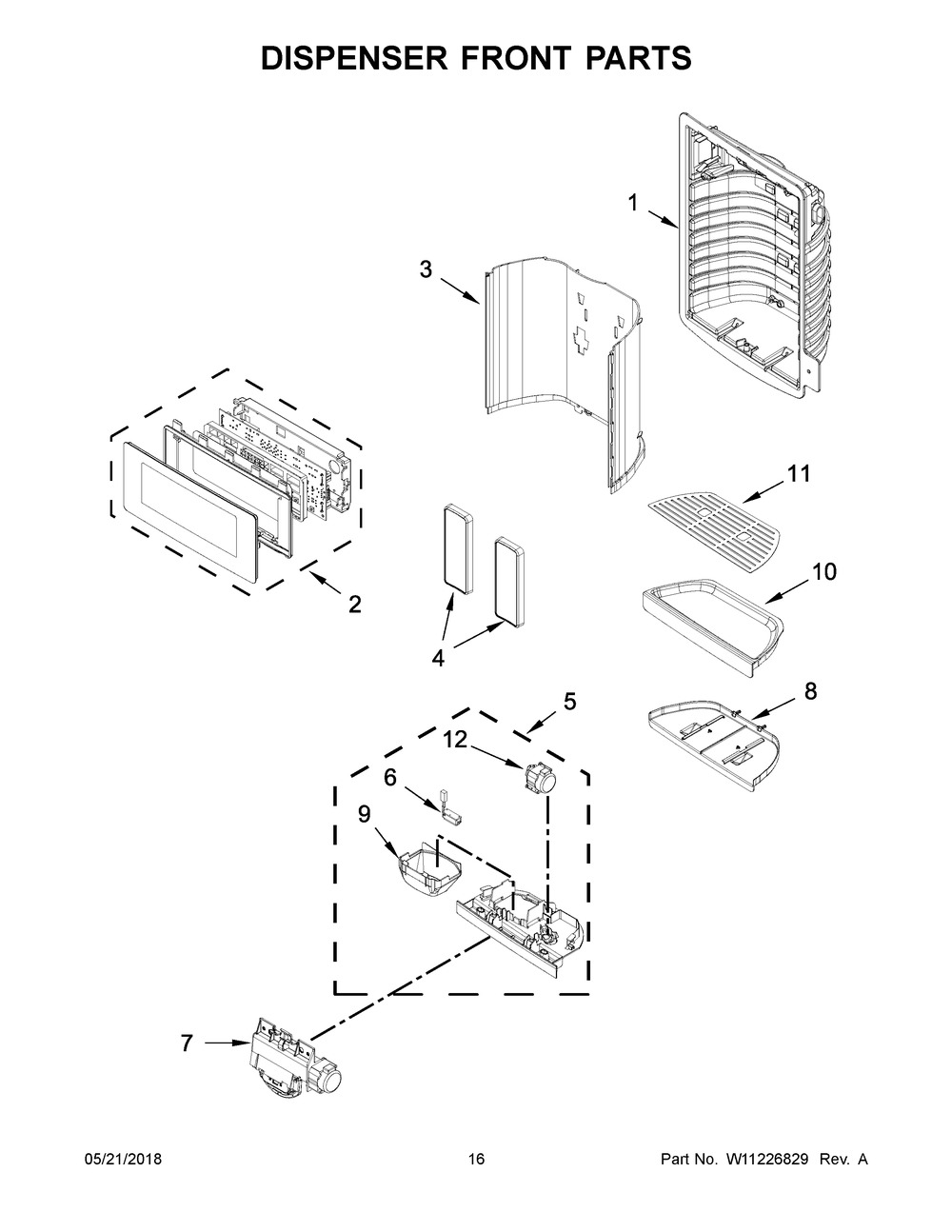 Dispenser Front Parts Diagram and Parts List for KRFF507HWH00  Whirlpool Refrigerator
