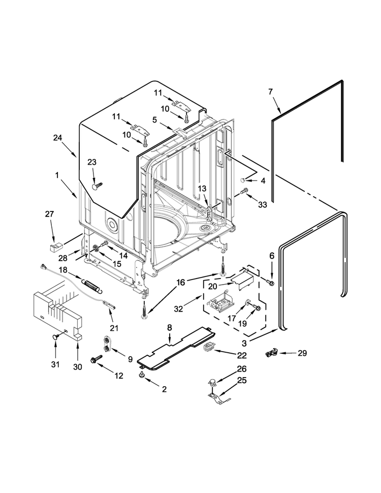 Tub And Frame Parts Diagram and Parts List for KDTE704DSS1  KitchenAid Dishwasher