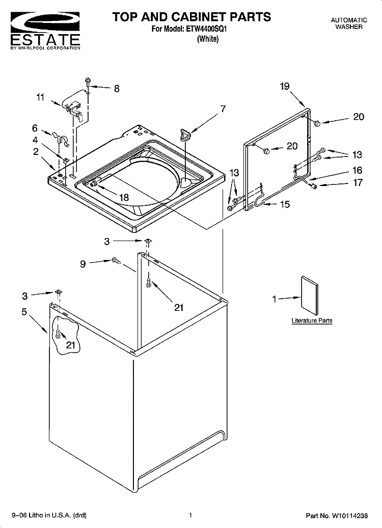 TOP AND CABINET PARTS Diagram and Parts List for ETW4400SQ1  Estate Washer