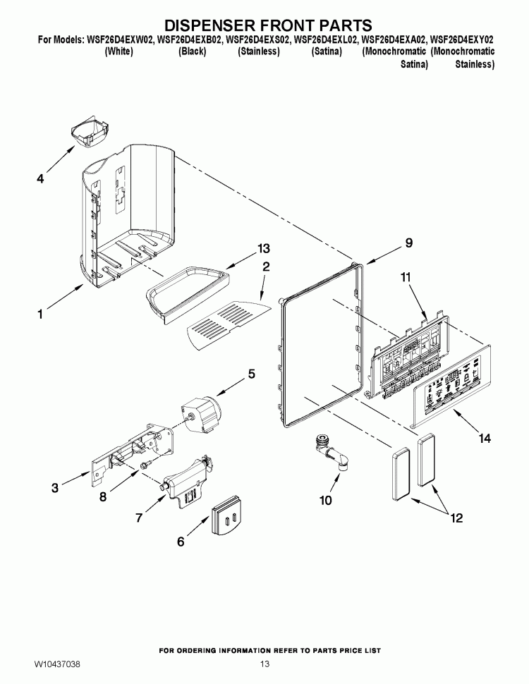 DISPENSER FRONT PARTS Diagram and Parts List for WSF26D4EXA02  Whirlpool Refrigerator