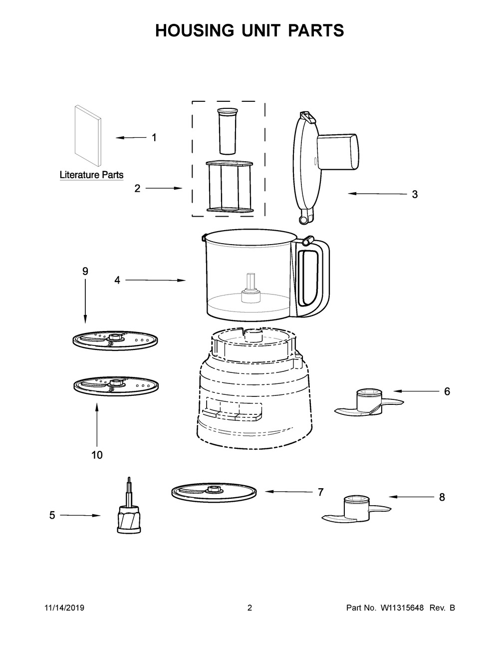 Housing Unit Parts Diagram and Parts List for 5KFP0919AAC0  Whirlpool Food Processor