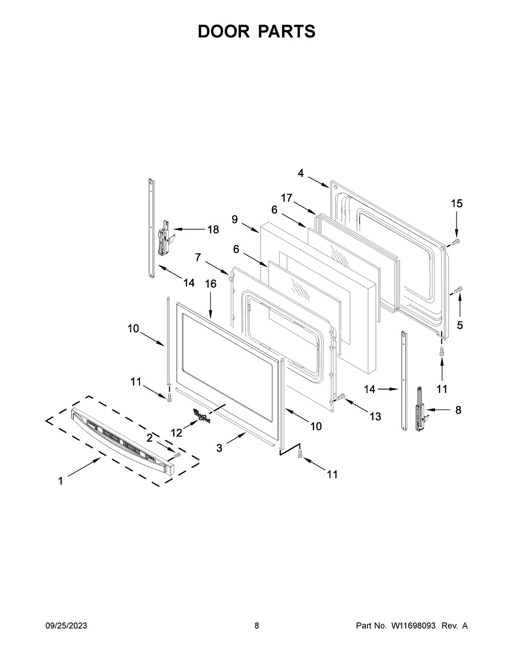 Door Parts Diagram and Parts List for WFE515S0JS4  Whirlpool Range
