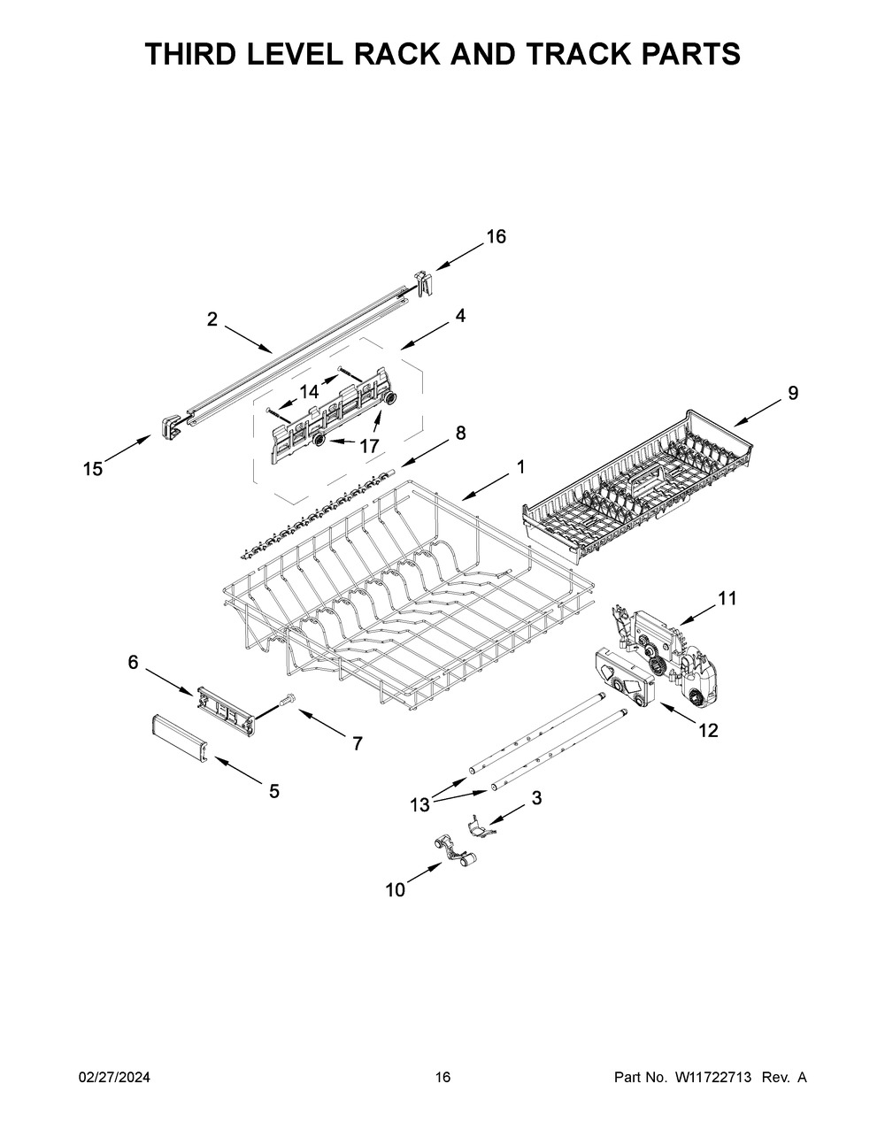 Third Level Rack And Track Parts Diagram and Parts List for KDTM405PPS1  KitchenAid Dishwasher