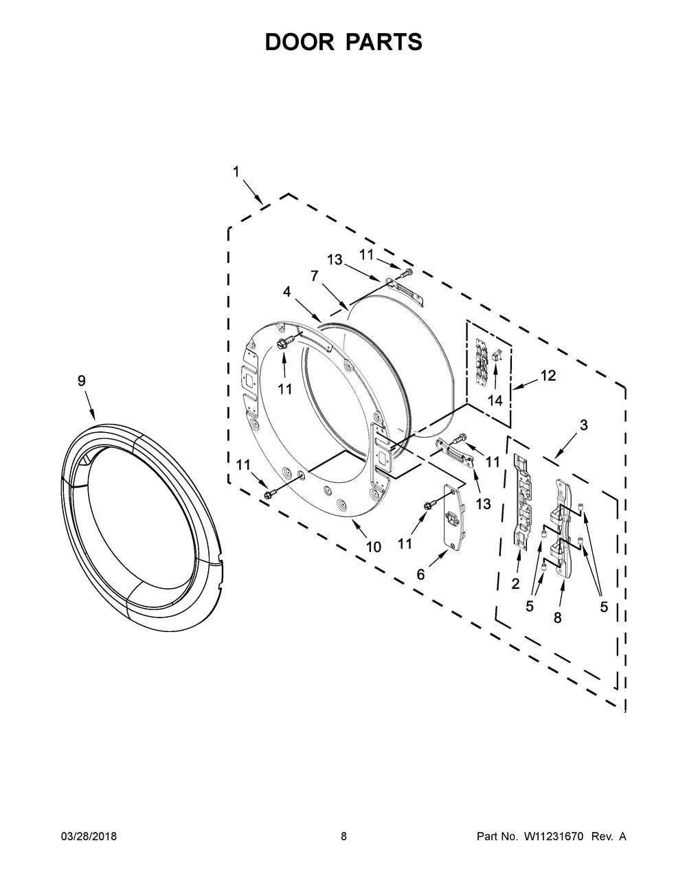 Door Parts Diagram and Parts List for YWED90HEFC2  Whirlpool Dryer