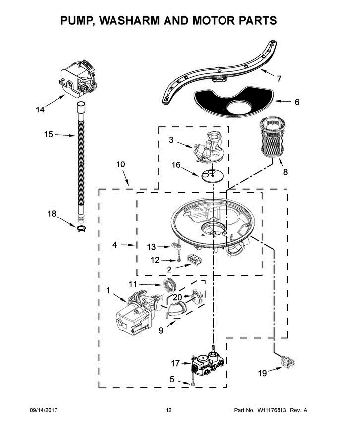 07 - Pump, Washarm And Motor Parts Diagram and Parts List for KDTE554CSS4  KitchenAid Dishwasher