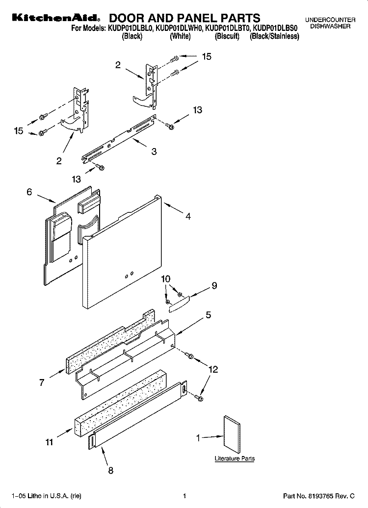 DOOR AND PANEL PARTS Diagram and Parts List for KUDP01DLBS0  KitchenAid Dishwasher