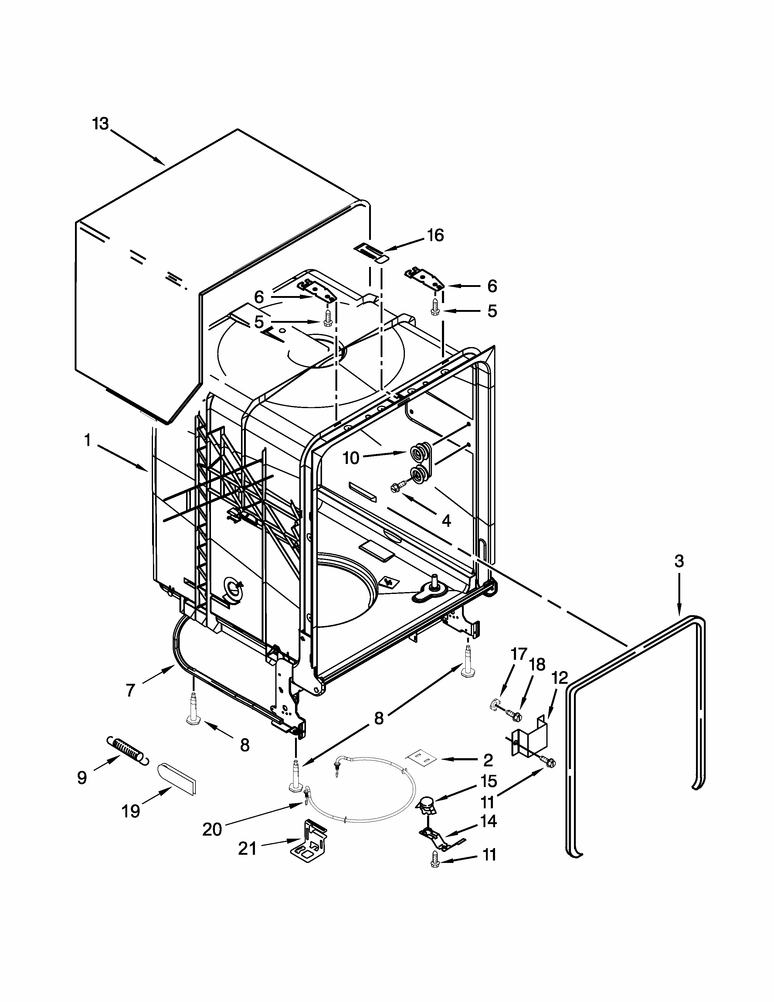 Tub And Frame Parts Diagram and Parts List for 66513473N412  Kenmore Dishwasher