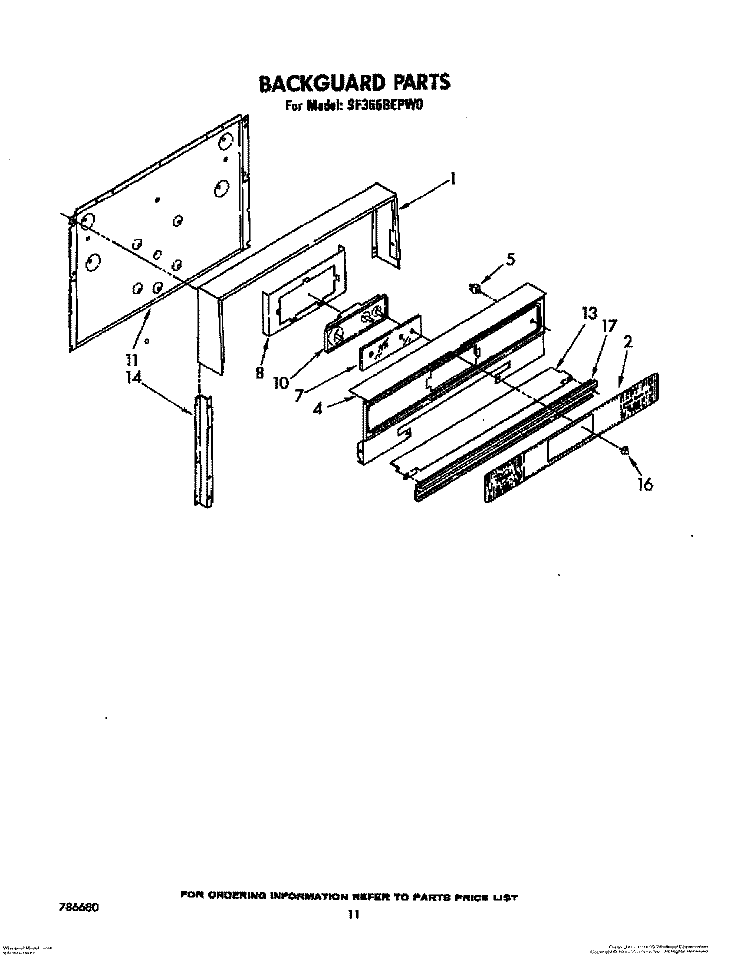 BACKGUARD, LIT/OPTIONAL Diagram and Parts List for SF365BEPW0  Whirlpool Range