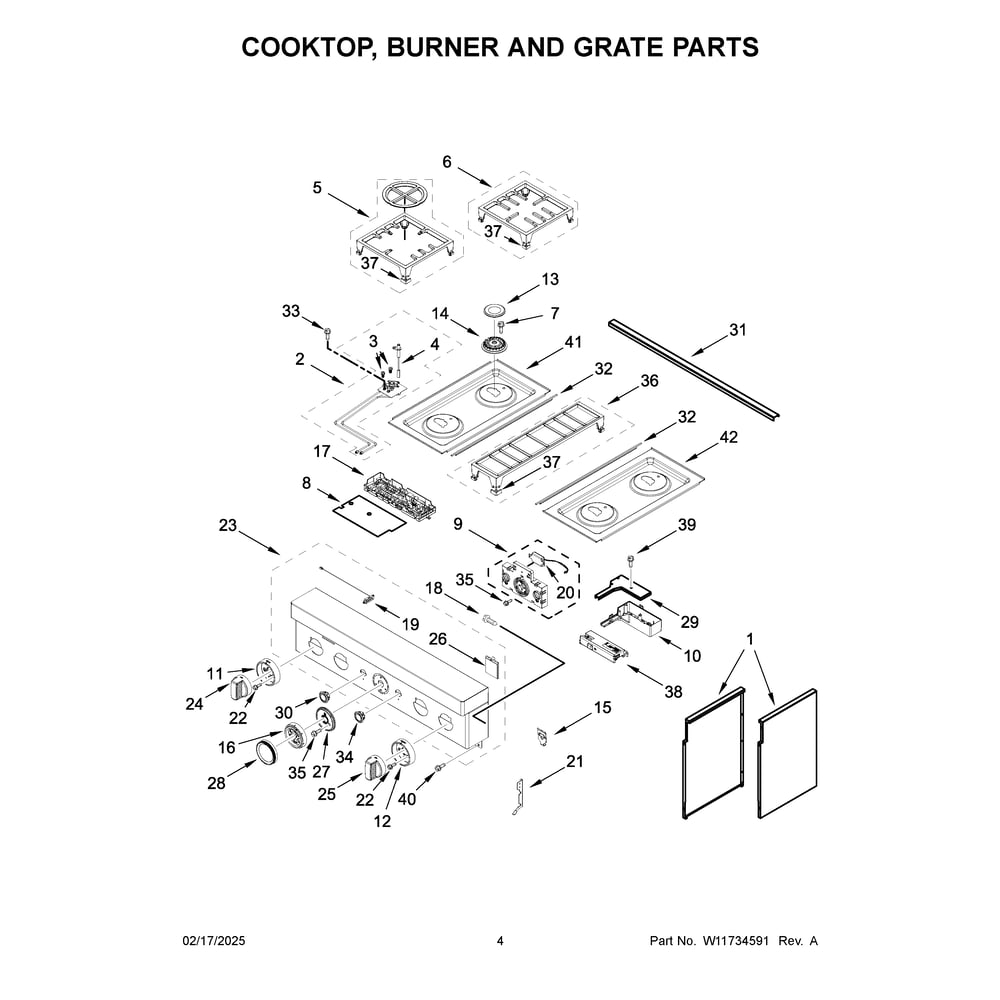 Cooktop, Burner And Grate Parts Diagram and Parts List for KFDC500JAV03  KitchenAid Range