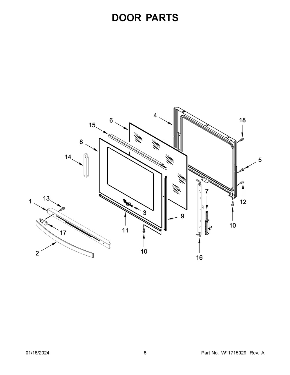 Door Parts Diagram and Parts List for YWEE750H0HB5  Whirlpool Range