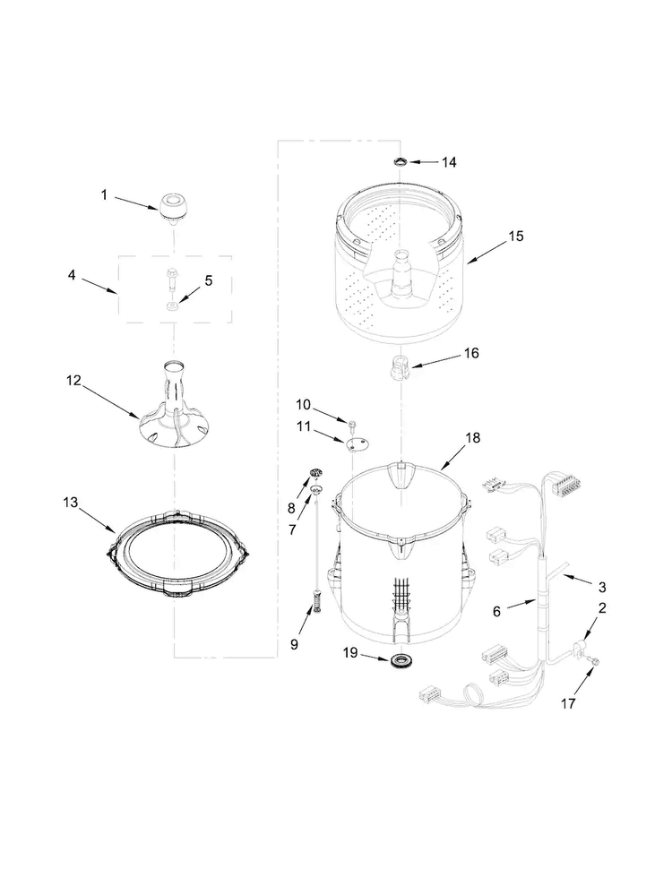 Basket And Tub Parts Diagram and Parts List for 7MWTW1950EW0  Whirlpool Washer