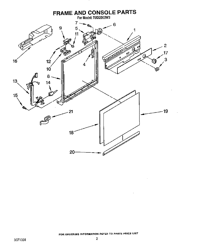 FRAME AND CONSOLE Diagram and Parts List for TUD2000W3  Whirlpool Dishwasher