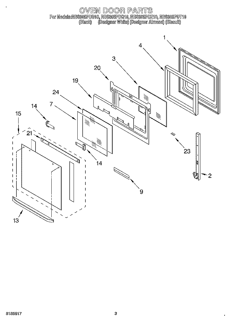 OVEN DOOR Diagram and Parts List for RBS305PDZ10  Whirlpool Wall Oven