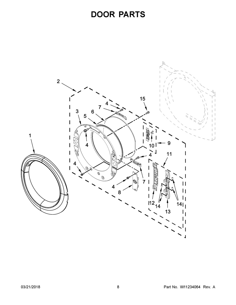 Door Parts Diagram and Parts List for 7MWGD90HEFC1  Whirlpool Dryer