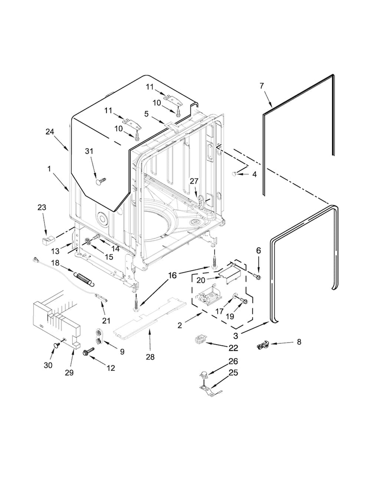 Tub And Frame Parts Diagram and Parts List for KDTE254EBL0  KitchenAid Dishwasher
