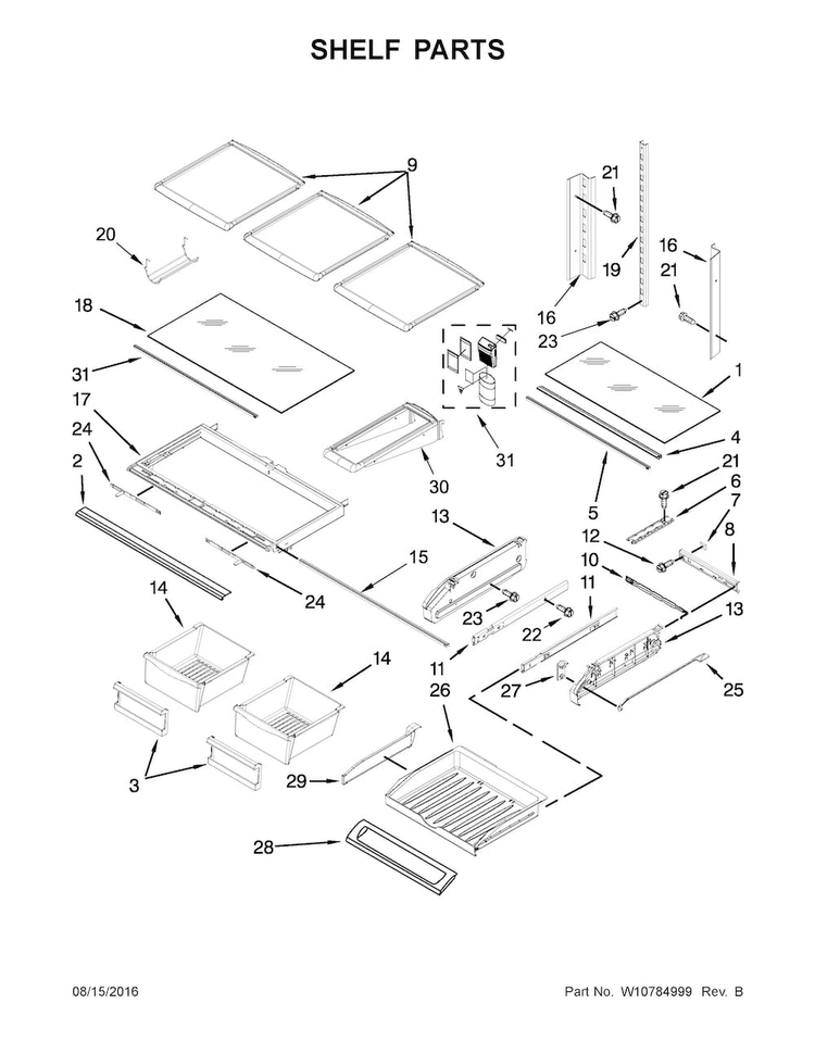Shelf Parts Diagram and Parts List for KRFC400ESS00  KitchenAid Refrigerator