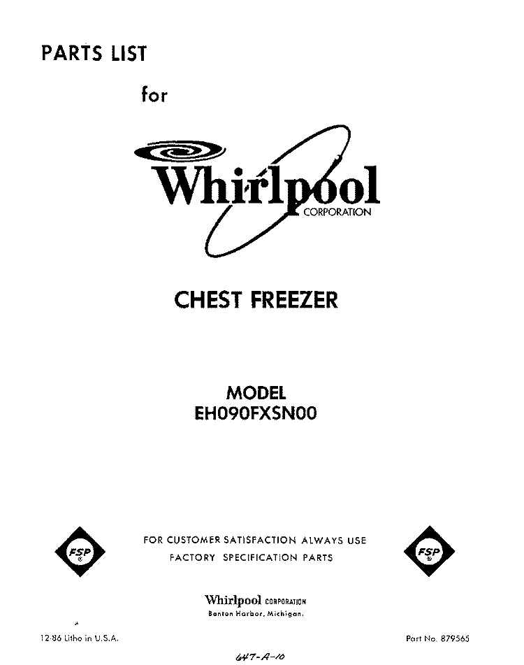 SECTION Diagram and Parts List for EH090FXSN00  Whirlpool Freezer