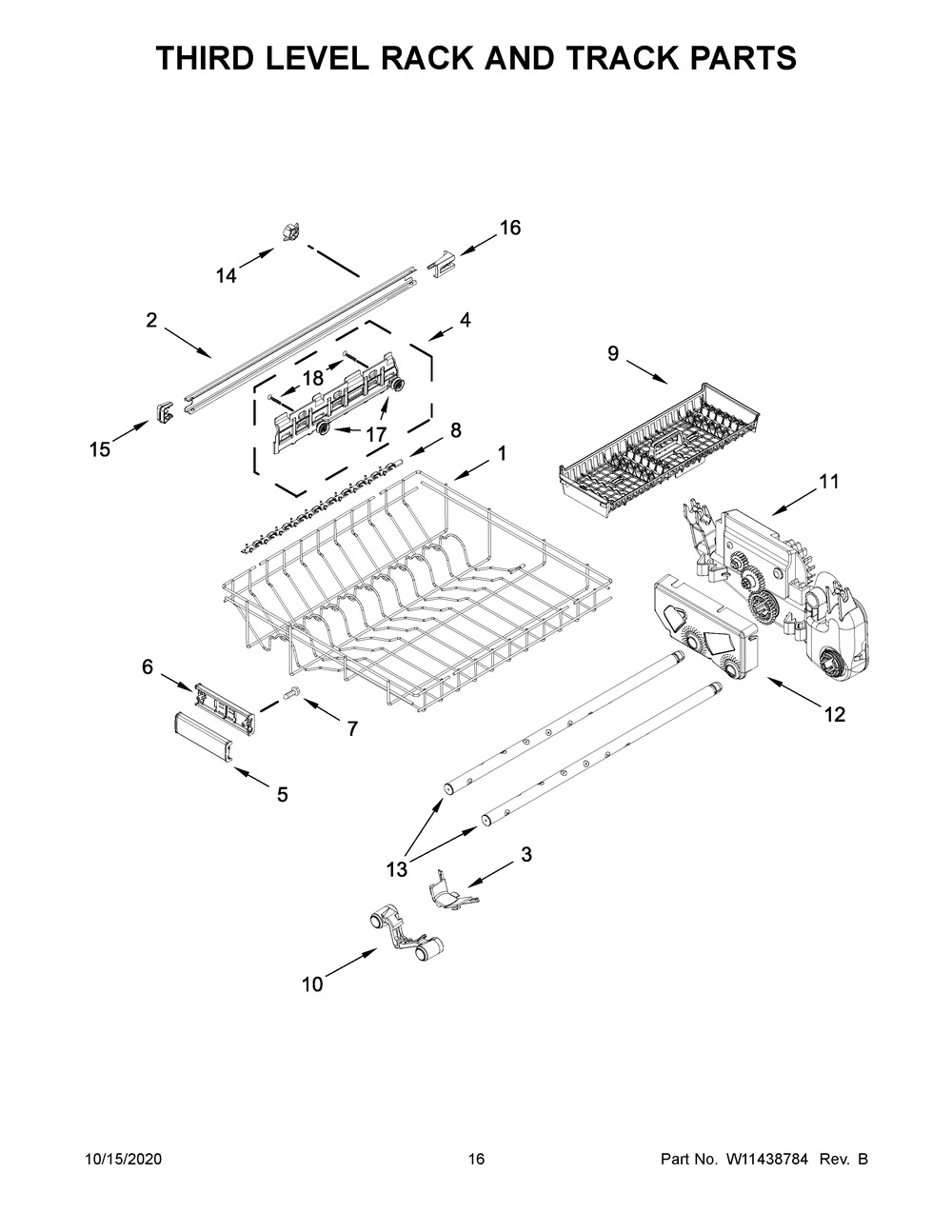 Third Level Rack And Track Parts Diagram and Parts List for KDTM404KBS0  Whirlpool Dishwasher