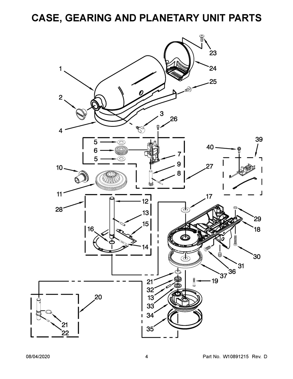 Case, Gearing And Planetary Unit Parts Diagram and Parts List for 5KSM125BDP4  Whirlpool Mixer