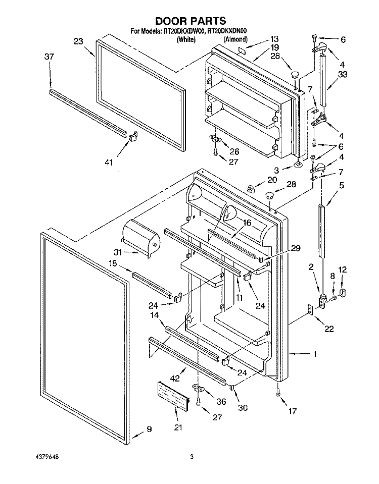 DOOR Diagram and Parts List for RT20DKXDW00  Roper Refrigerator