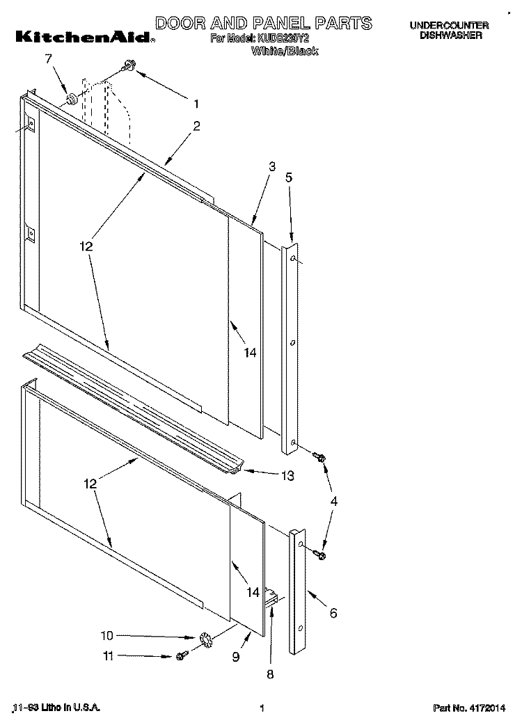 DOOR AND PANEL Diagram and Parts List for KUDB230Y2  KitchenAid Dishwasher