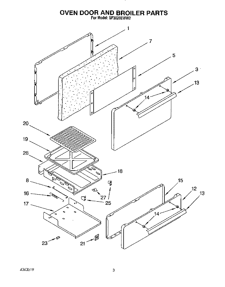 OVEN DOOR AND BROILER Diagram and Parts List for SF3020EWW2  Whirlpool Range