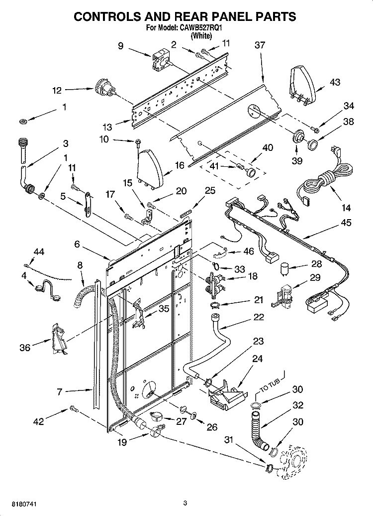CONTROLS AND REAR PANEL PARTS Diagram and Parts List for CAWB527RQ1  Crosley Washer