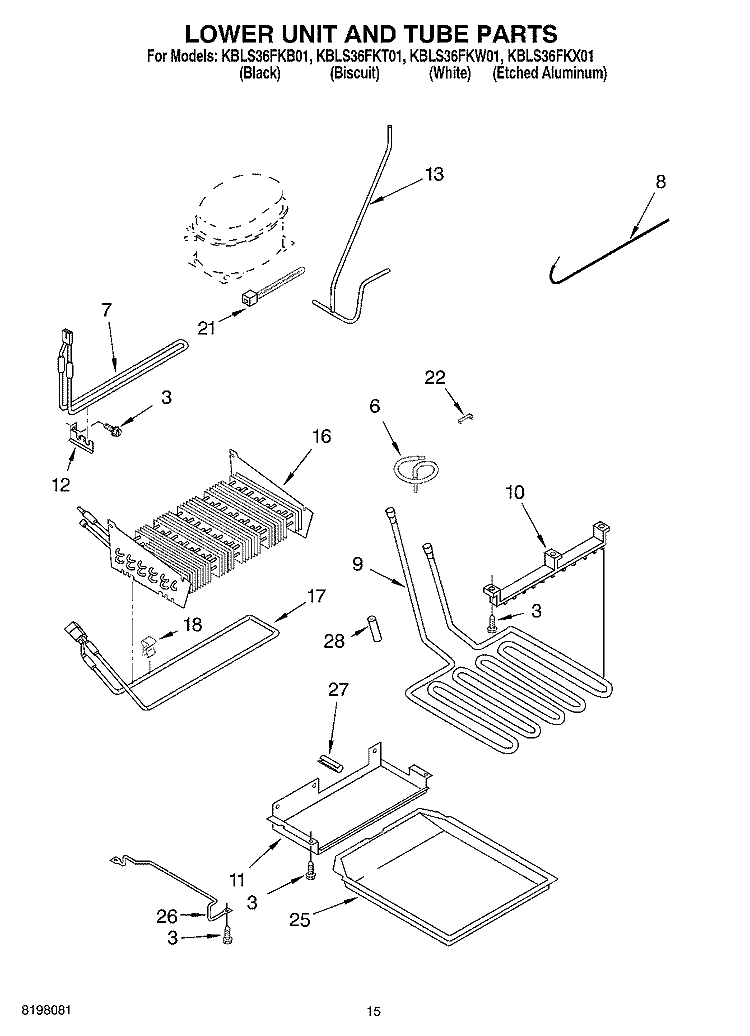 LOWER UNIT AND TUBE Diagram and Parts List for KBLS36FKW01  KitchenAid Refrigerator