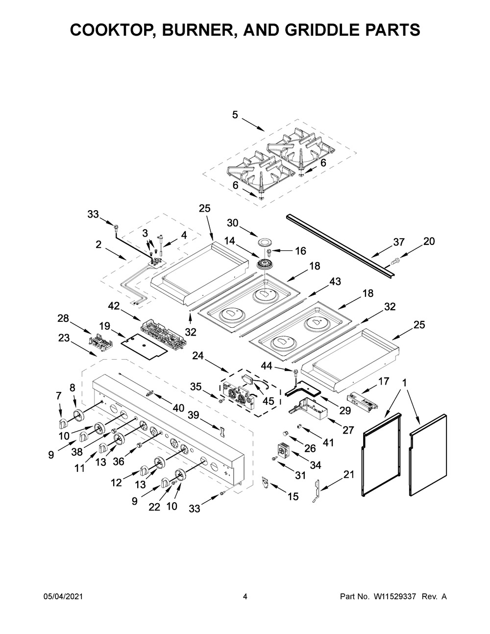 Cooktop, Burner, And Griddle Parts Diagram and Parts List for JDRP848HL01  Whirlpool Range