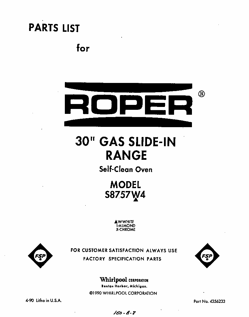 Front Cover Diagram and Parts List for S8757*4  Roper Range