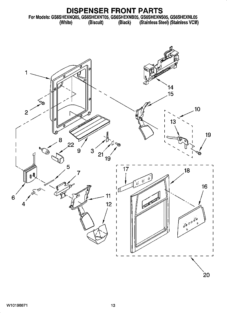 DISPENSER FRONT PARTS Diagram and Parts List for GS6SHEXNB05  Whirlpool Refrigerator