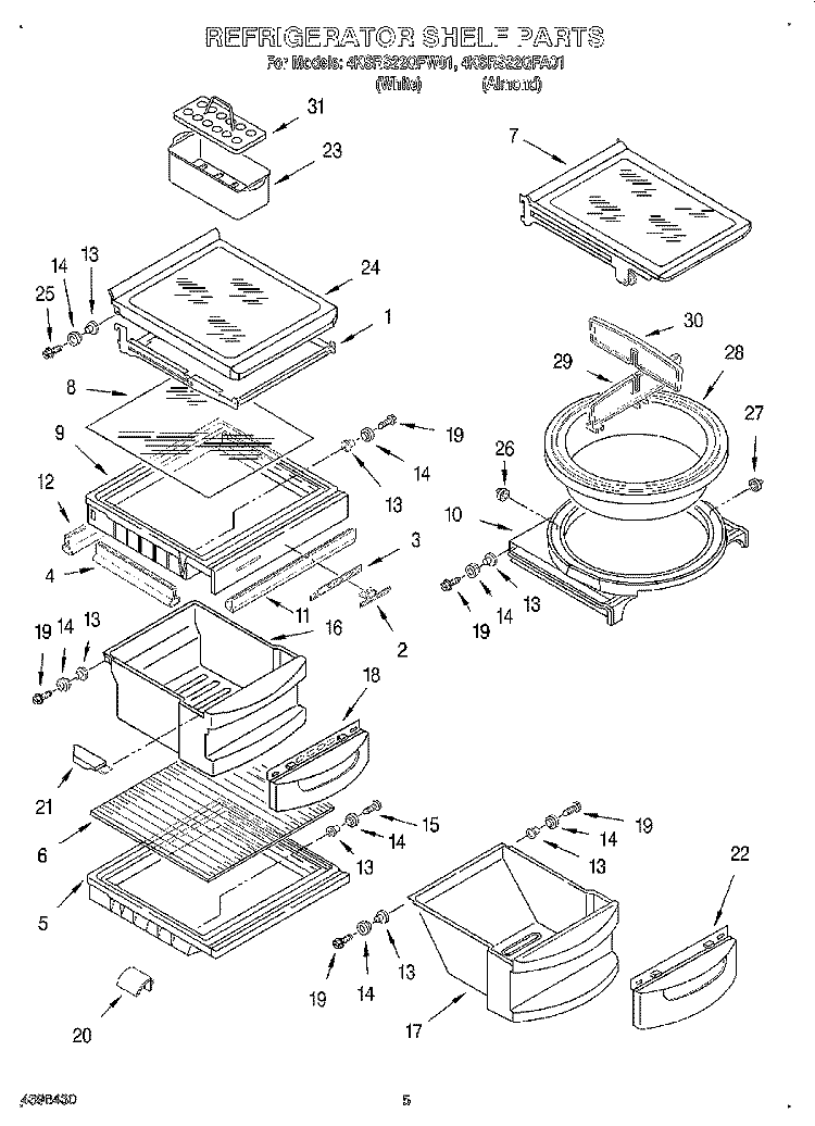 REFRIGERATOR SHELF Diagram and Parts List for 4KSRS22QFW01  KitchenAid Refrigerator