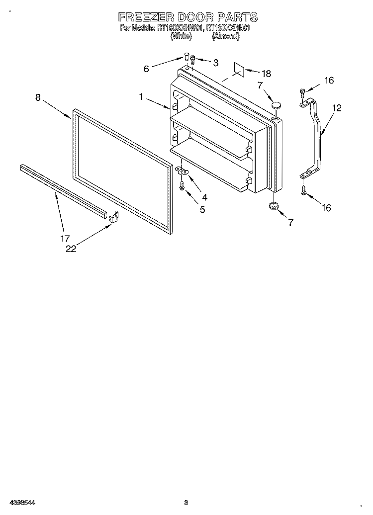 FREEZER DOOR Diagram and Parts List for RT18DKXHW01  Roper Refrigerator