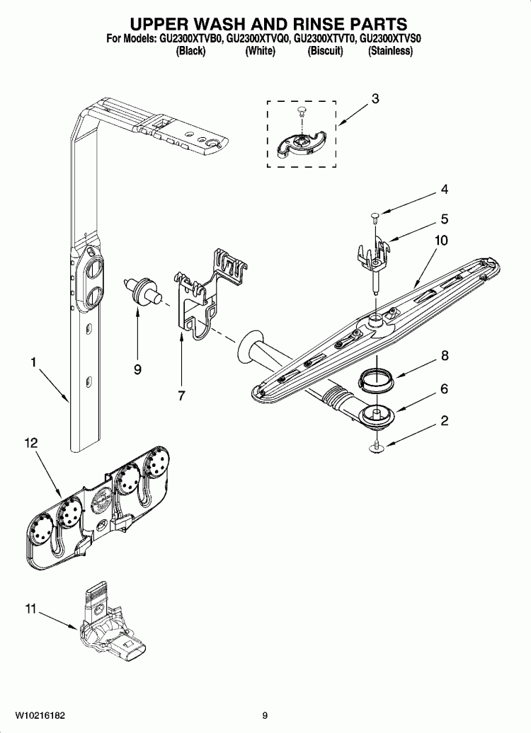 UPPER WASH AND RINSE PARTS Diagram and Parts List for GU2300XTVQ0  Whirlpool Dishwasher