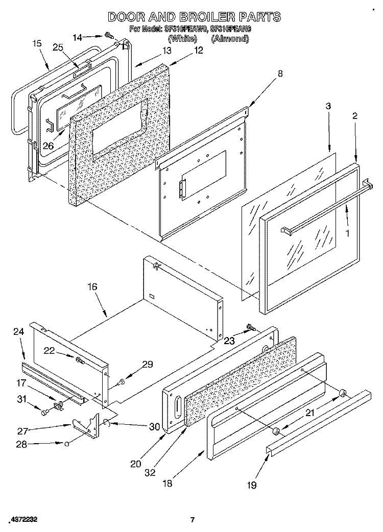DOOR AND BROILER Diagram and Parts List for SF310PEAW0  Whirlpool Range