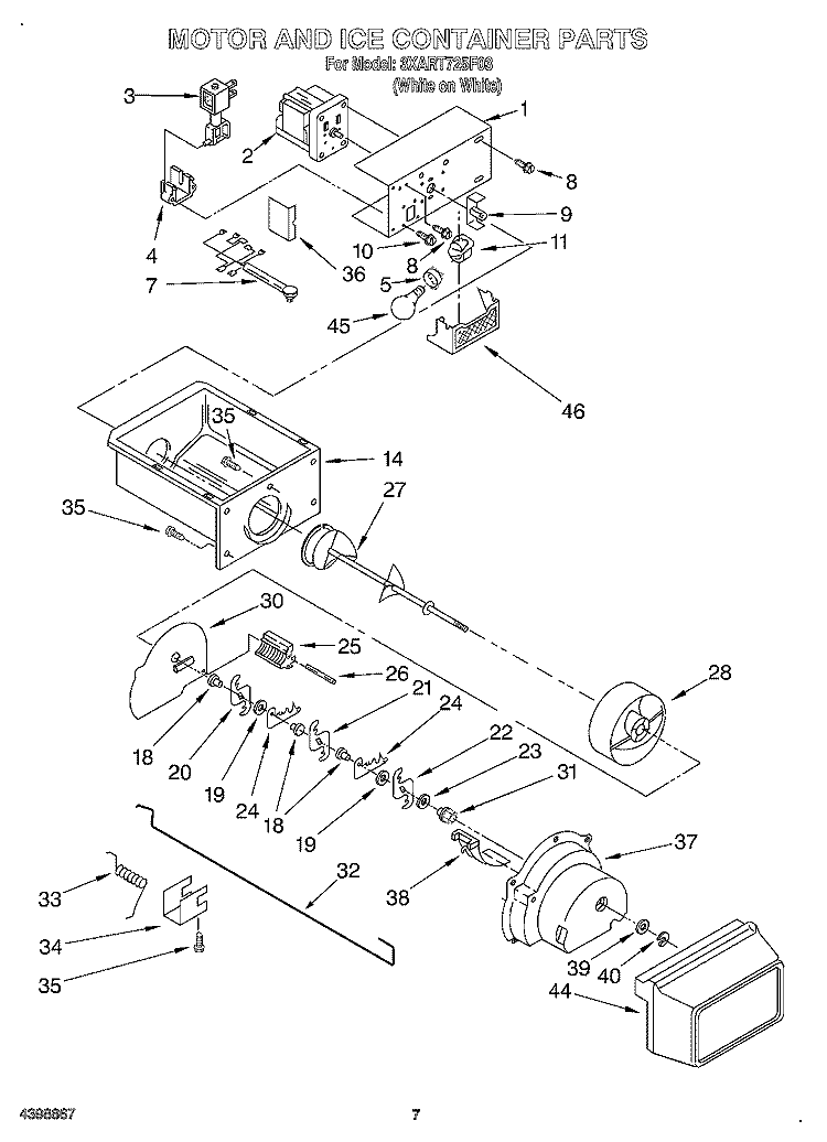 MOTOR AND ICE CONTAINER Diagram and Parts List for 3XART725F03  Whirlpool Refrigerator