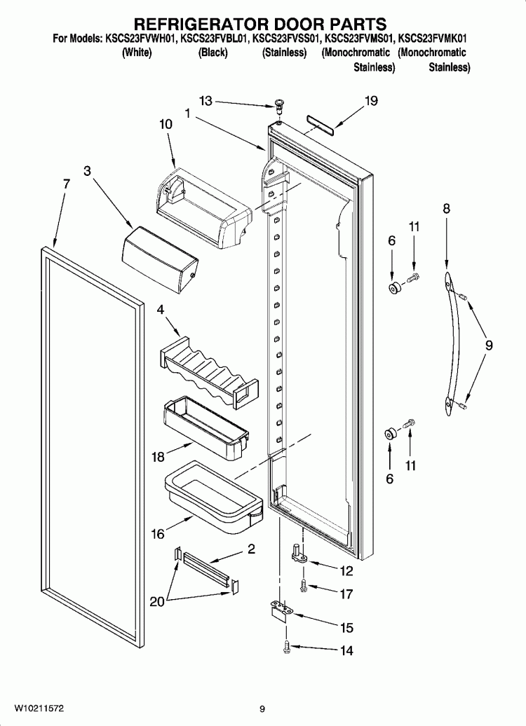 REFRIGERATOR DOOR PARTS Diagram and Parts List for KSCS23FVBL01  KitchenAid Refrigerator