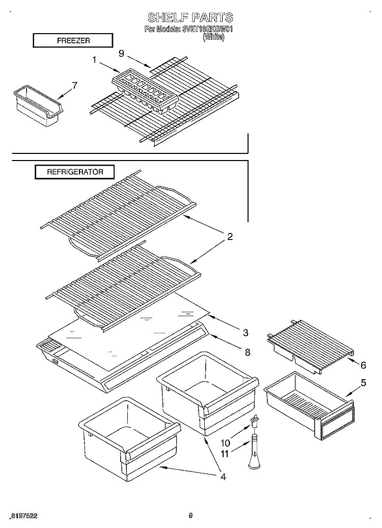 SHELF Diagram and Parts List for 3VET16GKGW01  Whirlpool Refrigerator