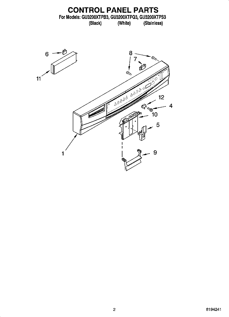 CONTROL PANEL PARTS Diagram and Parts List for GU3200XTPS3  Whirlpool Dishwasher