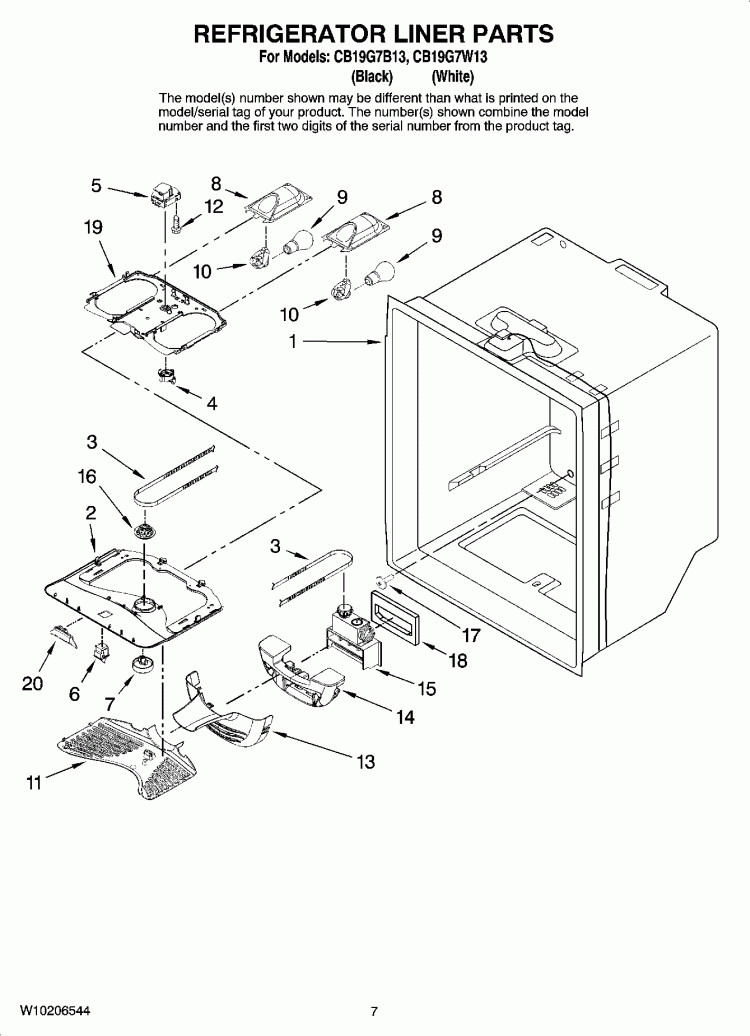 REFRIGERATOR LINER PARTS Diagram and Parts List for CB19G7W13  Whirlpool Refrigerator