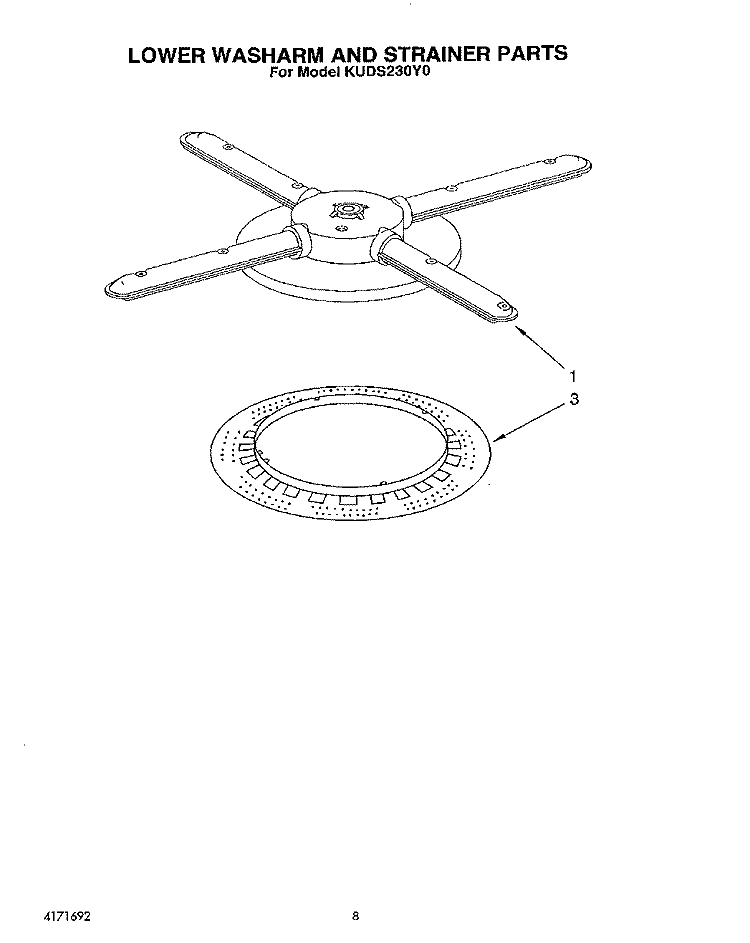 LOWER WASHARM AND STRAINER Diagram and Parts List for KUDS230Y0  KitchenAid Dishwasher