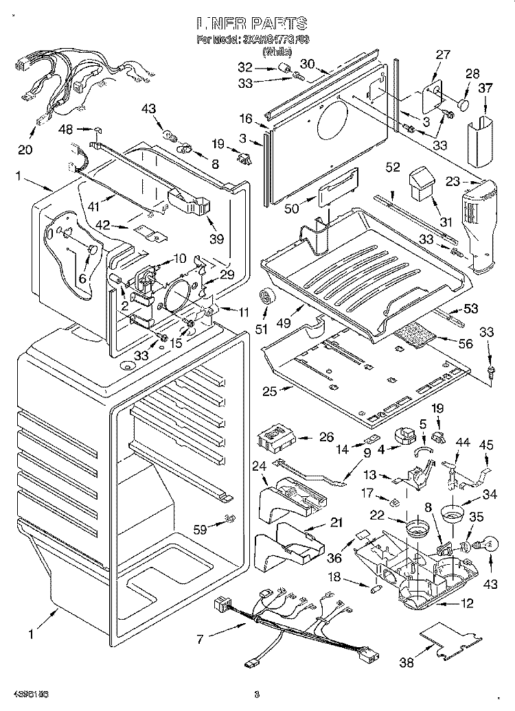 LINER Diagram and Parts List for 3XARG477GF03  Whirlpool Refrigerator