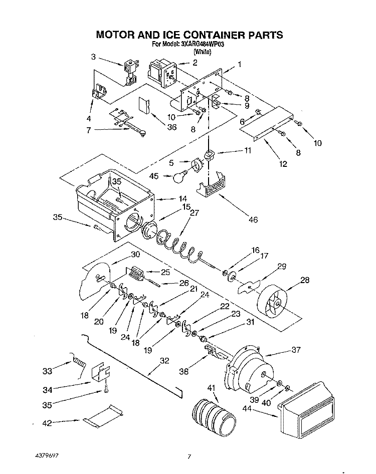 MOTOR AND ICE CONTAINER Diagram and Parts List for 3XARG484WP03  Whirlpool Refrigerator
