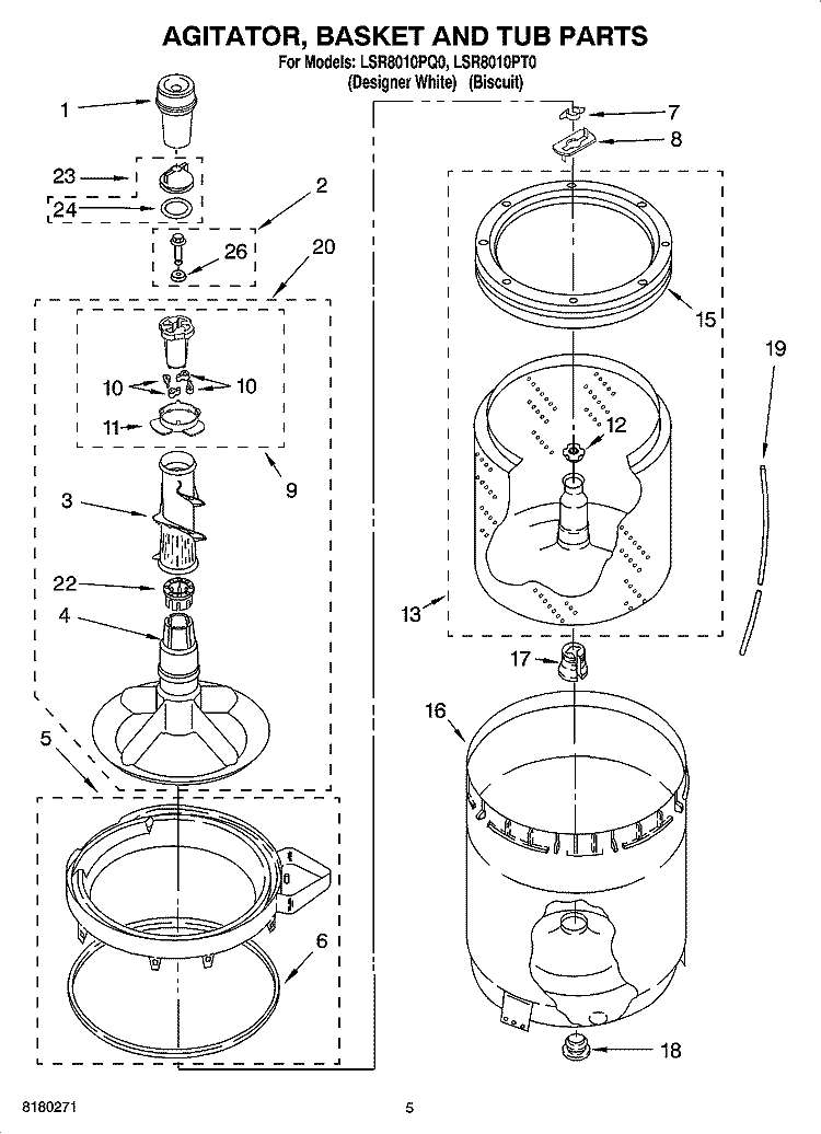 AGITATOR, BASKET AND TUB PARTS Diagram and Parts List for LSR8010PT0  Whirlpool Washer